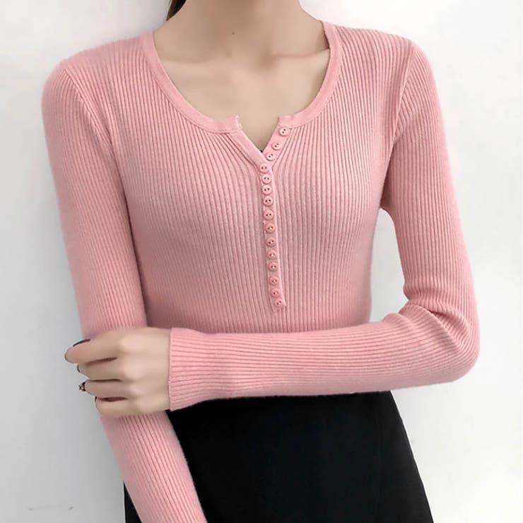 ピンク | リブニット ヘンリーネック トップス | SUNSHINE CLOSET