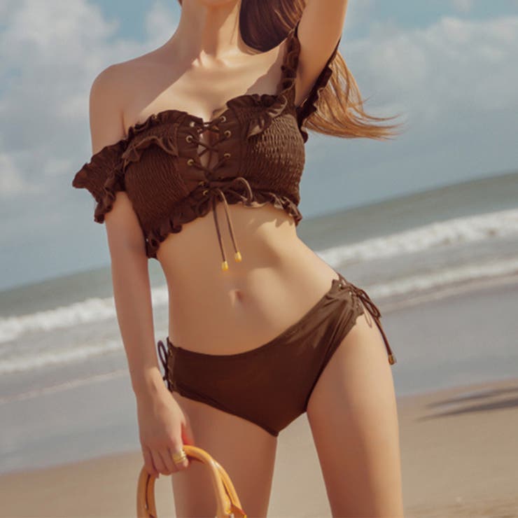ダークブラウン | フリルオフショルダービキニ 韓国風 | SUNSHINE CLOSET