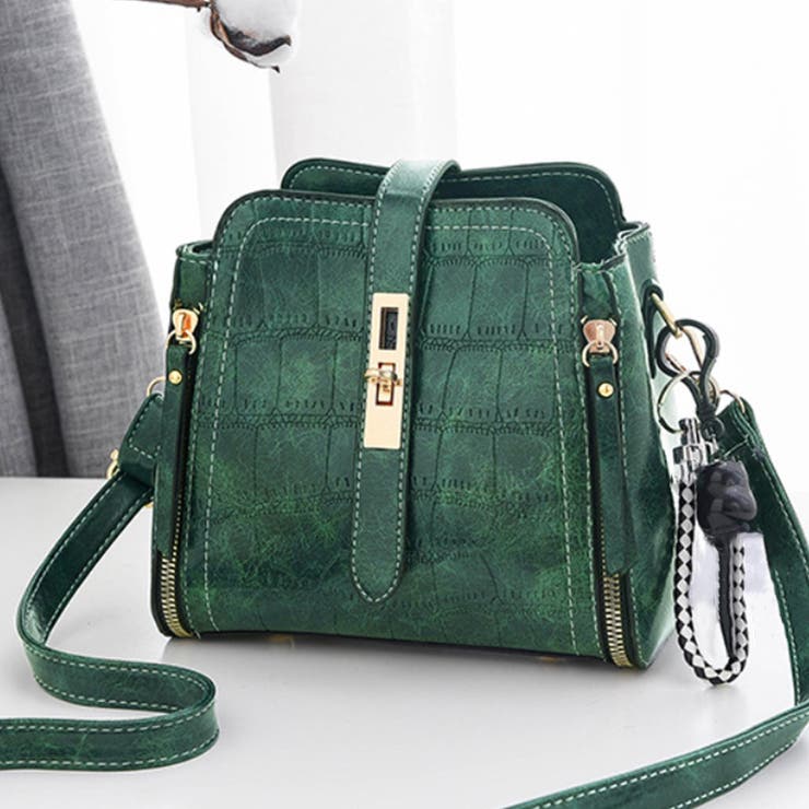 ダークグリーン クロコダイル型押し ショルダーバッグ