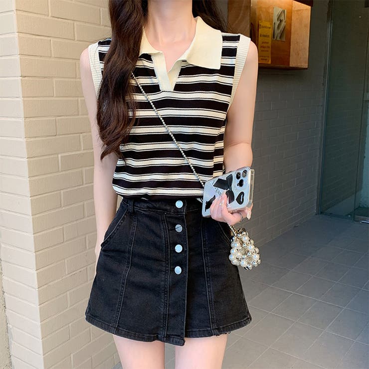 サマーニットトップス ノースリーブ 夏服[品番：AGCW0004539