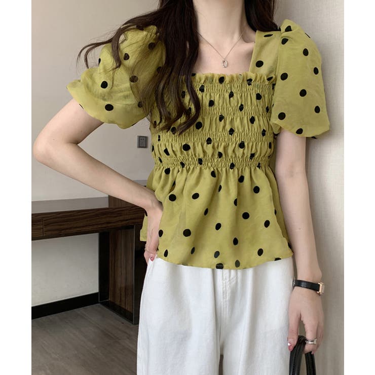 きれいめブラウス半袖 パフスリーブ ペプラムトップススクエアネック着やせ大人可愛… | SUNSHINE CLOSET | 詳細画像10 