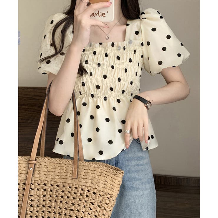 きれいめブラウス半袖 パフスリーブ ペプラムトップススクエアネック着やせ大人可愛… | SUNSHINE CLOSET | 詳細画像3 