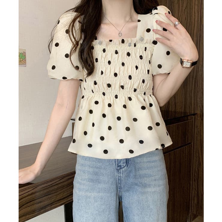 きれいめブラウス半袖 パフスリーブ ペプラムトップススクエアネック着やせ大人可愛… | SUNSHINE CLOSET | 詳細画像4 