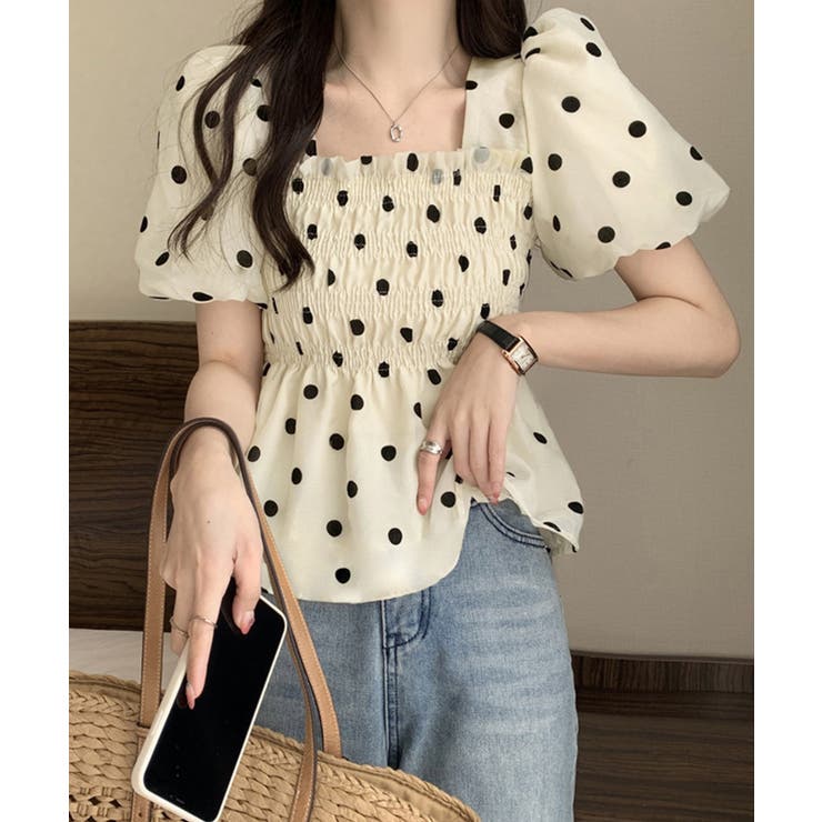 きれいめブラウス半袖 パフスリーブ ペプラムトップススクエアネック着やせ大人可愛… | SUNSHINE CLOSET | 詳細画像5 