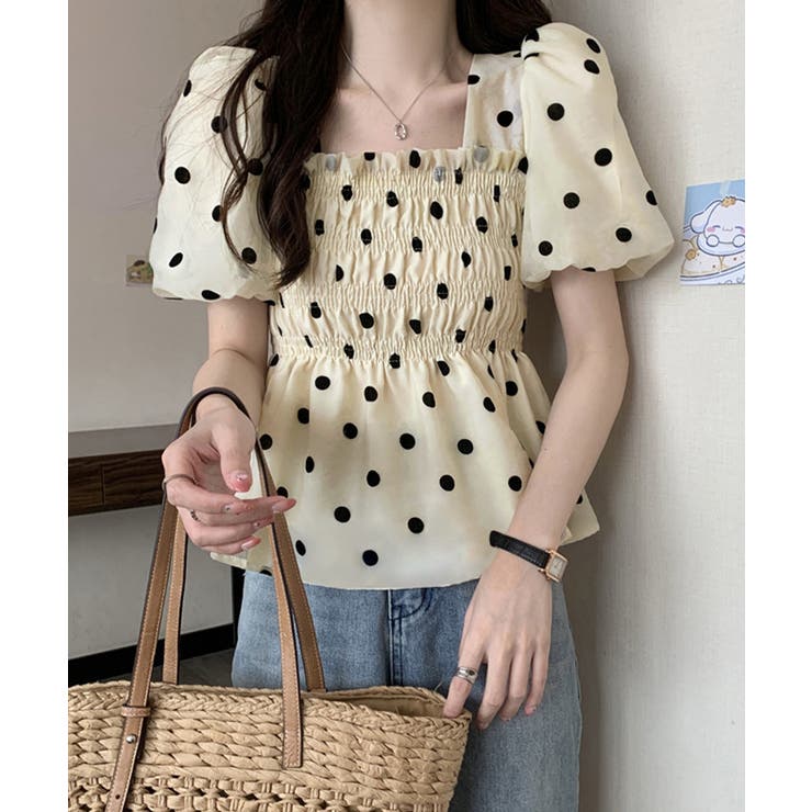 きれいめブラウス半袖 パフスリーブ ペプラムトップススクエアネック着やせ大人可愛… | SUNSHINE CLOSET | 詳細画像6 