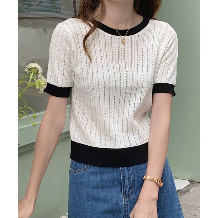 レトロ可愛い配色 パイピングリブニットプルオーバー クルーネックコンパクトニット… | SUNSHINE CLOSET | 詳細画像1 