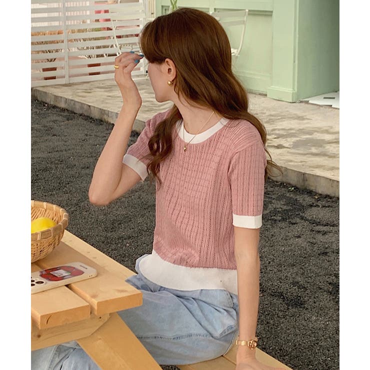 レトロ可愛い配色 パイピングリブニットプルオーバー クルーネックコンパクトニット… | SUNSHINE CLOSET | 詳細画像18 
