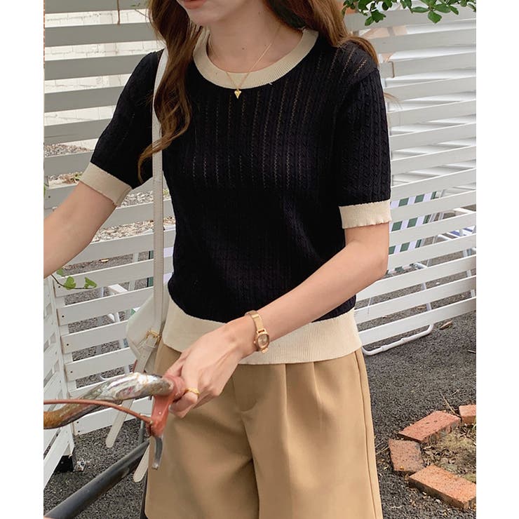 レトロ可愛い配色 パイピングリブニットプルオーバー クルーネックコンパクトニット… | SUNSHINE CLOSET | 詳細画像22 