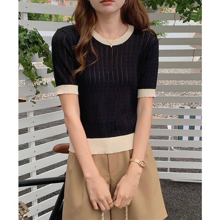 レトロ可愛い配色 パイピングリブニットプルオーバー クルーネックコンパクトニット… | SUNSHINE CLOSET | 詳細画像23 