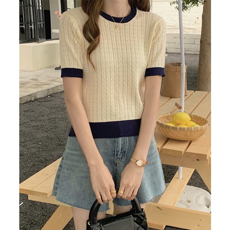 レトロ可愛い配色 パイピングリブニットプルオーバー クルーネックコンパクトニット… | SUNSHINE CLOSET | 詳細画像25 