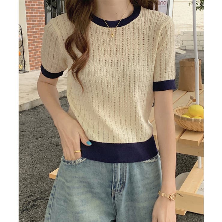 レトロ可愛い配色 パイピングリブニットプルオーバー クルーネックコンパクトニット… | SUNSHINE CLOSET | 詳細画像26 