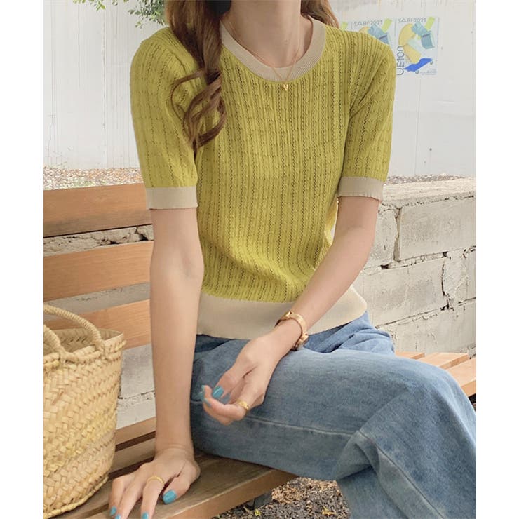 レトロ可愛い配色 パイピングリブニットプルオーバー クルーネックコンパクトニット… | SUNSHINE CLOSET | 詳細画像28 