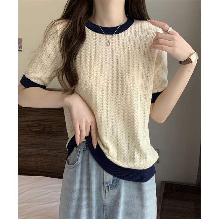 レトロ可愛い配色 パイピングリブニットプルオーバー クルーネックコンパクトニット… | SUNSHINE CLOSET | 詳細画像3 