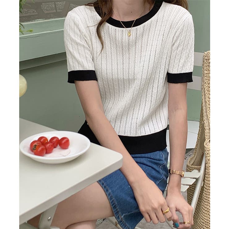 レトロ可愛い配色 パイピングリブニットプルオーバー クルーネックコンパクトニット… | SUNSHINE CLOSET | 詳細画像8 
