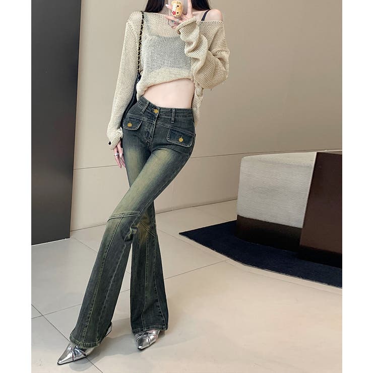 レトロ セミフレアデニムパンツレディース[品番：AGCW0005858