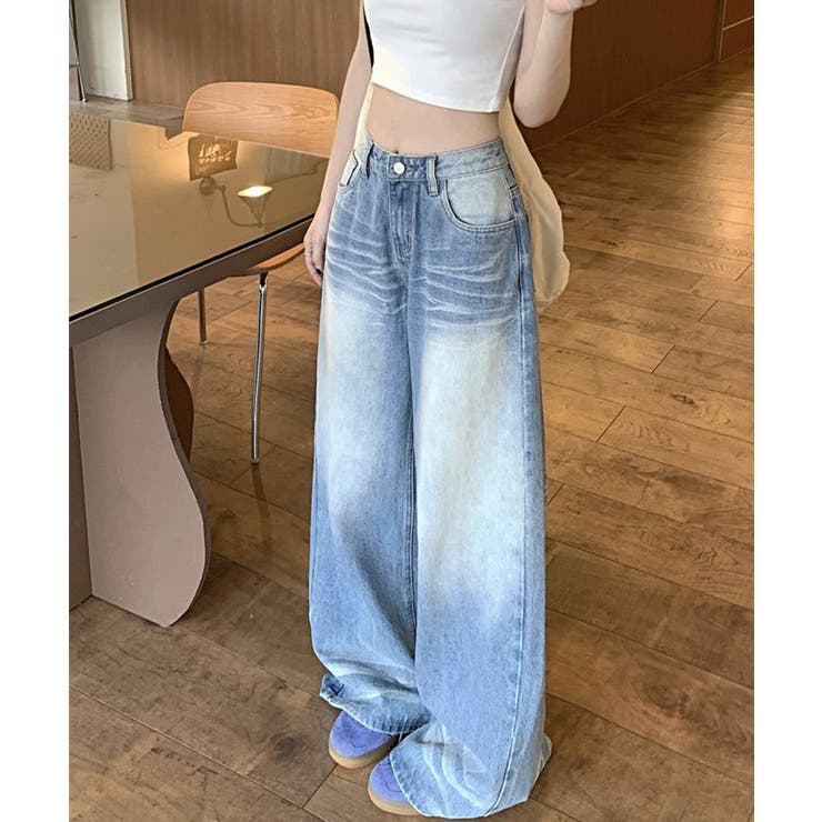 6041【美品】エブリデイアイライク　ストレートデニム　ワイド　ウォッシュ加工 6041【美品】エブリデイアイライク ストレートデニム ワイド