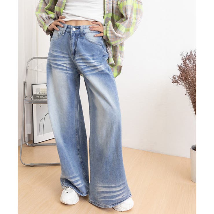 デニムワイドパンツ ウォッシュ加工 ハイウエスト ストリート デニム パンツ レディース ジーンズ 大人 きれいめ ストリート