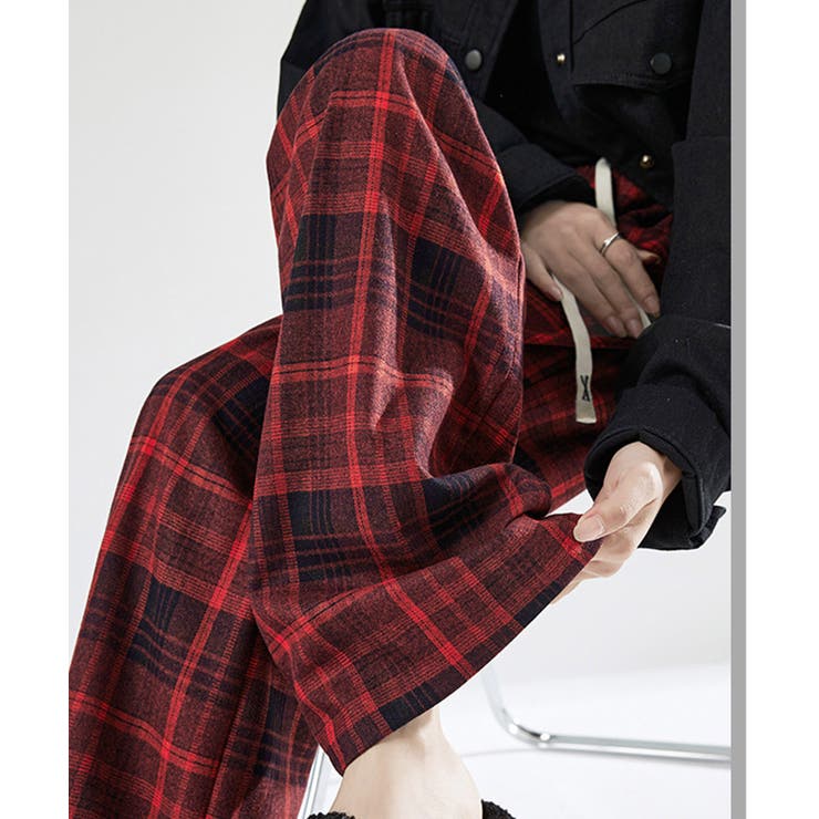 チェック柄パンツハイウエストワイドパンツ[品番：AGCW0006977