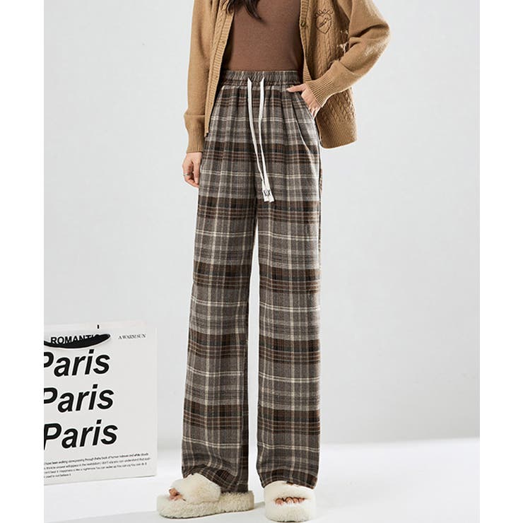 美品　ウエストリブ　チェック柄ワイドパンツ ウエストリブチェックワイドパンツ（その他パンツ）｜Jines