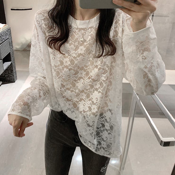 花柄刺繍レース　長袖トップス ブラウン系　EIKO KONDO 体型カバー効果 196241920-1n.jpg