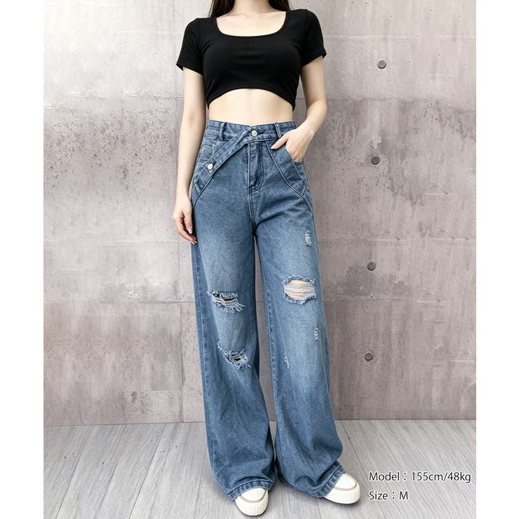 Y2Kダメージデニムパンツ レディース ハイウエスト | SUNSHINE CLOSET | 詳細画像10 