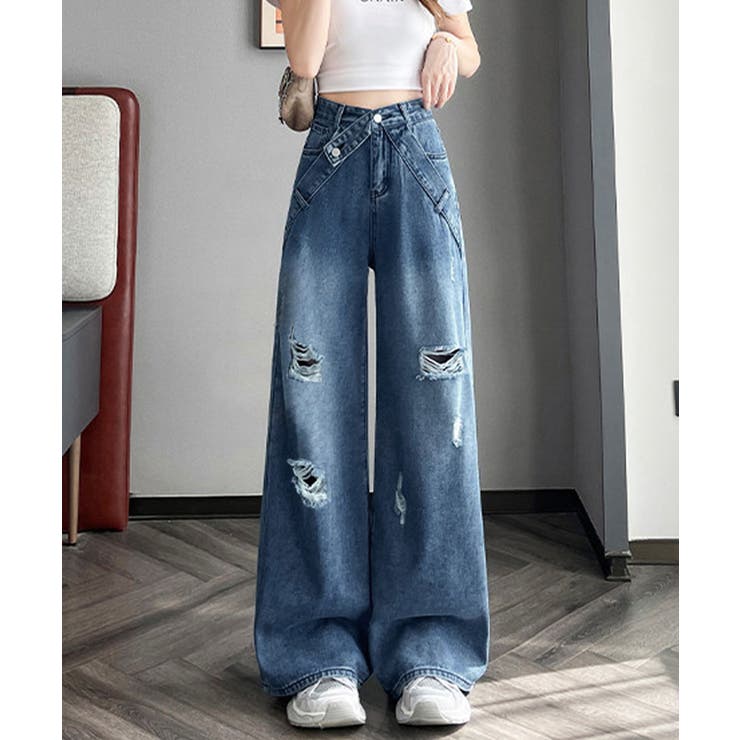 Y2Kダメージデニムパンツ レディース ハイウエスト | SUNSHINE CLOSET | 詳細画像2 