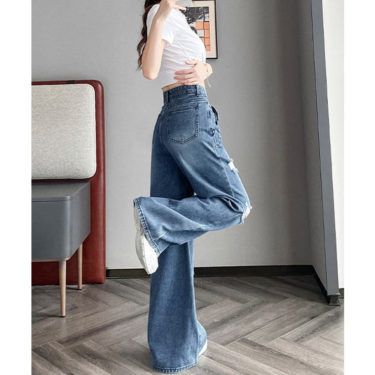 Y2Kダメージデニムパンツ レディース ハイウエスト | SUNSHINE CLOSET | 詳細画像8 