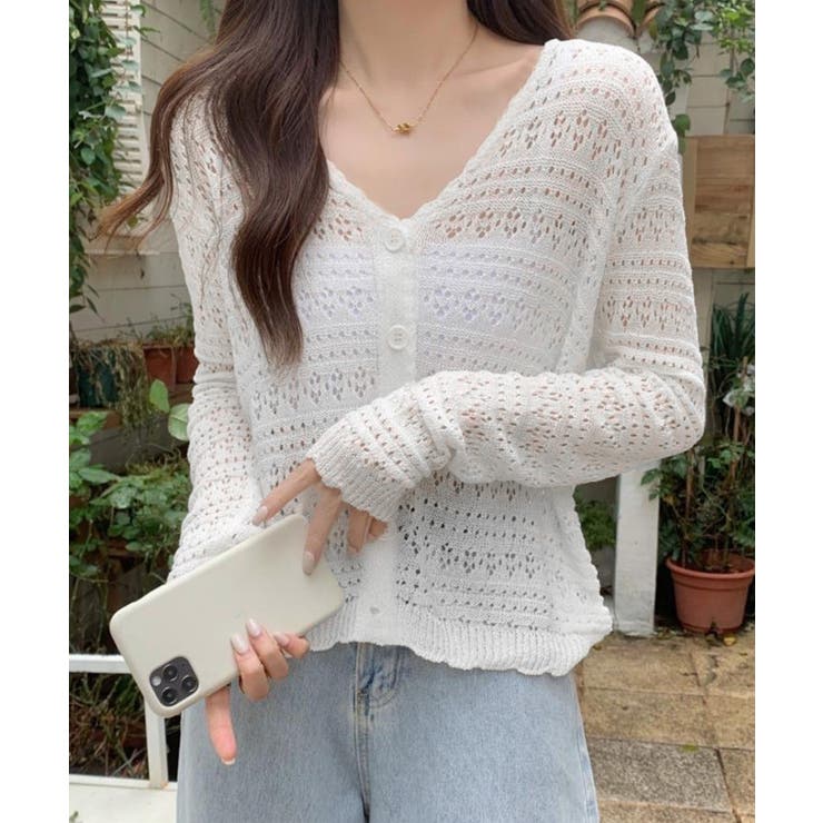 透かし編みカーディガンフェミニン夏羽織り[品番：AGCW0006731