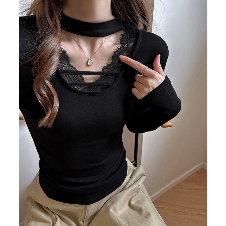 チョーカー風カットソーレース付きTシャツ | SUNSHINE CLOSET | 詳細画像4 