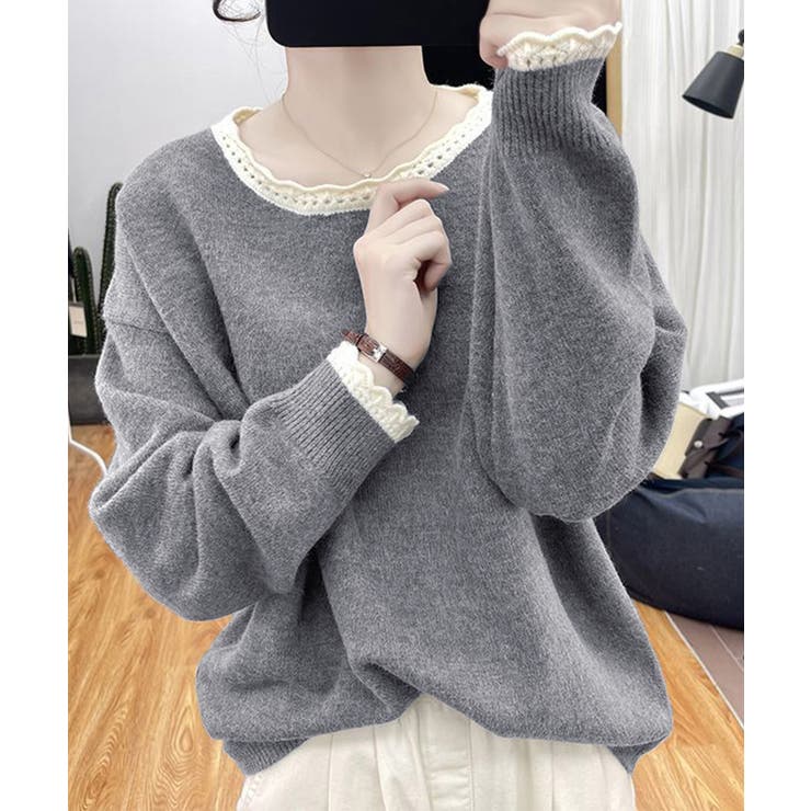 配色ニットプルオーバーラウンドネック秋服 | SUNSHINE CLOSET | 詳細画像1 