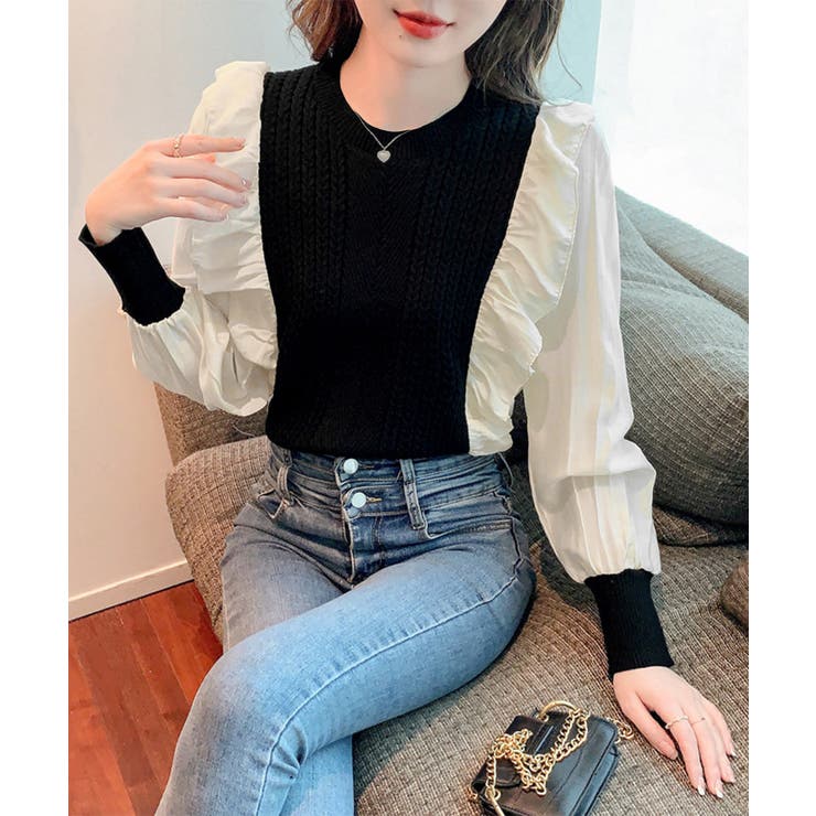 異素材mixニットブラウス レイヤード風 トップス | SUNSHINE CLOSET | 詳細画像1 