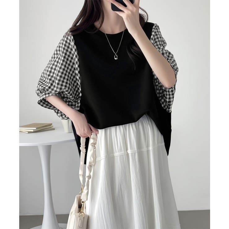 レディース大人カジュアル 韓国風チェック柄袖ドッキングブラウス ボリュームスリー… | SUNSHINE CLOSET | 詳細画像14 
