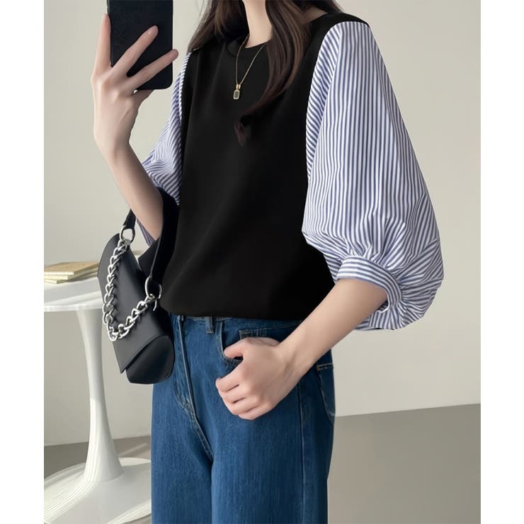 レディース大人カジュアル 韓国風チェック柄袖ドッキングブラウス ボリュームスリー… | SUNSHINE CLOSET | 詳細画像5 