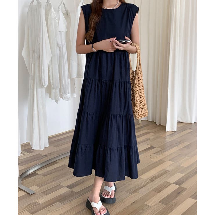 涼感フレアワンピース 体型カバー ギャザーノーカラー無地Aラインワンピ | SUNSHINE CLOSET | 詳細画像2 