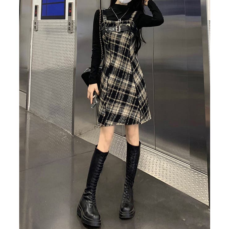 チェック柄サスペンダーワンピースベルト付 | SUNSHINE CLOSET | 詳細画像1 