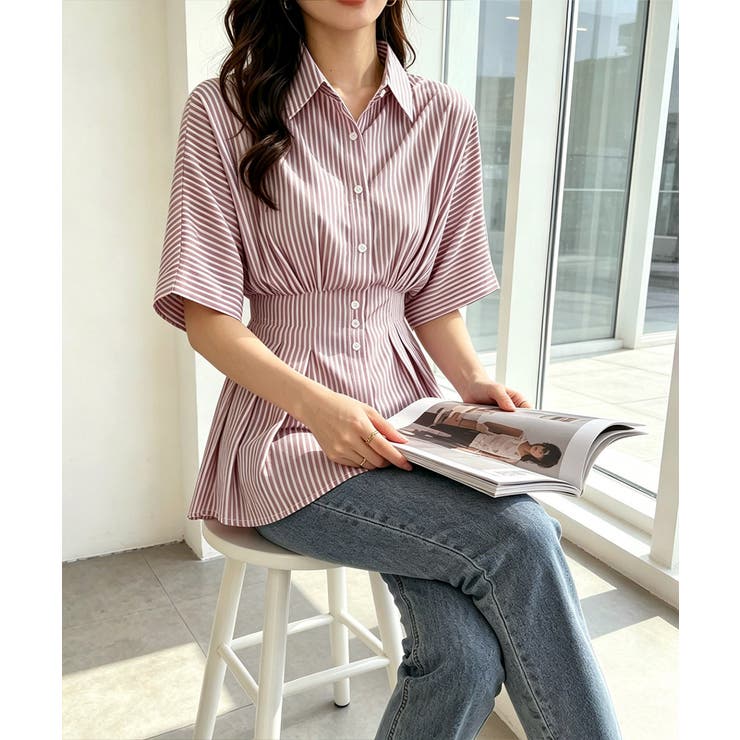 半袖シャツレディース ウエストシェイプトップス 大人可愛いチュニックシャツ | SUNSHINE CLOSET | 詳細画像13 