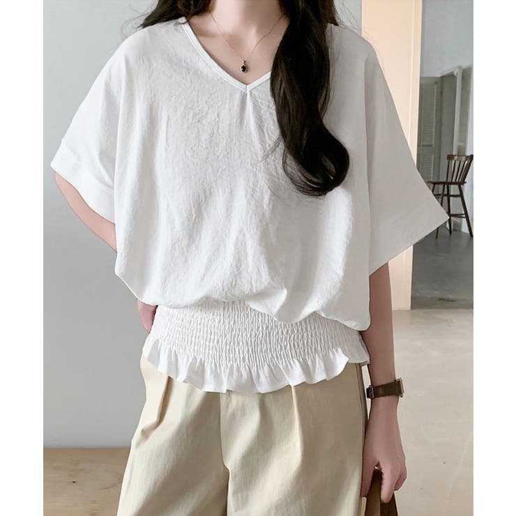 韓国風綺麗め裾フリルブラウス フレンチスリーブトップスレディース ウエストマーク… | SUNSHINE CLOSET | 詳細画像1 