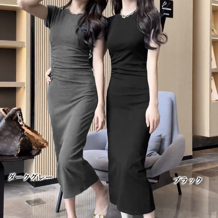 タイトワンピース ロング サイドギャザー[品番：AGCW0004450  