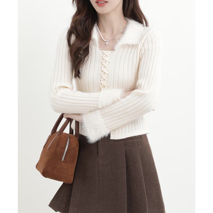 ファー襟 レースアップニットトップス配色 | SUNSHINE CLOSET | 詳細画像12 