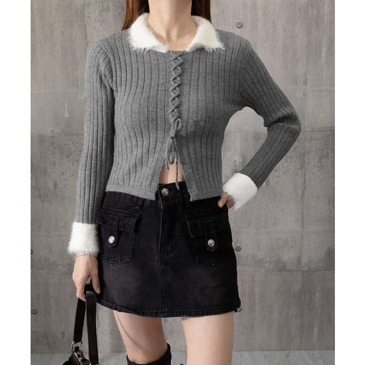 ファー襟 レースアップニットトップス配色 | SUNSHINE CLOSET | 詳細画像16 