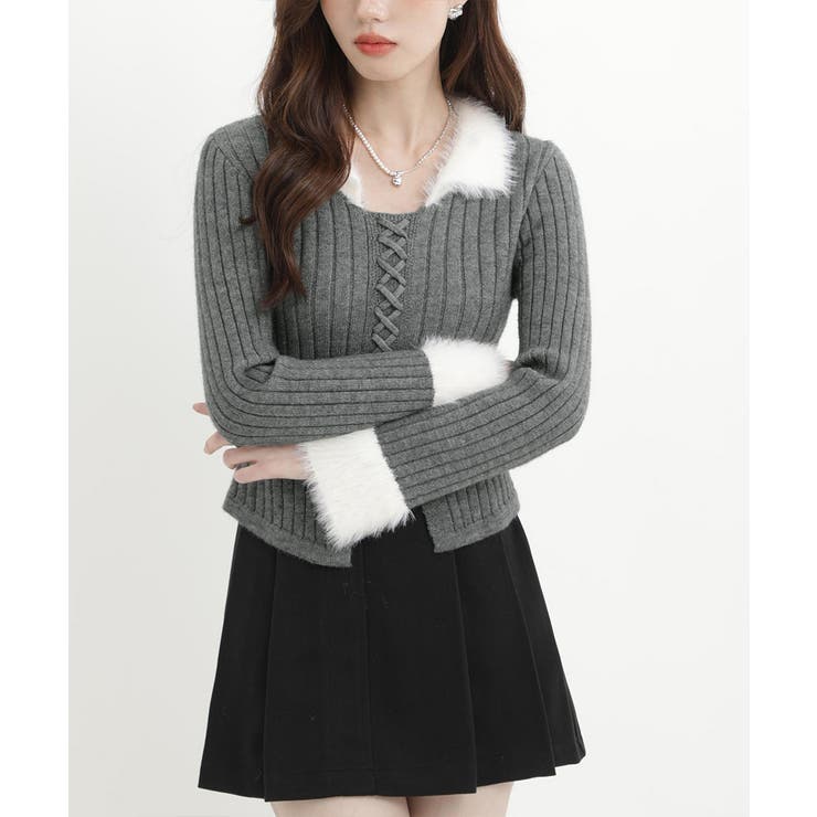 ファー襟 レースアップニットトップス配色 | SUNSHINE CLOSET | 詳細画像3 