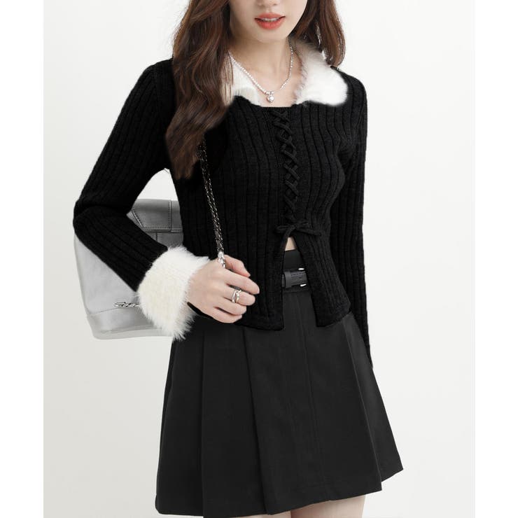 ファー襟 レースアップニットトップス配色 | SUNSHINE CLOSET | 詳細画像5 