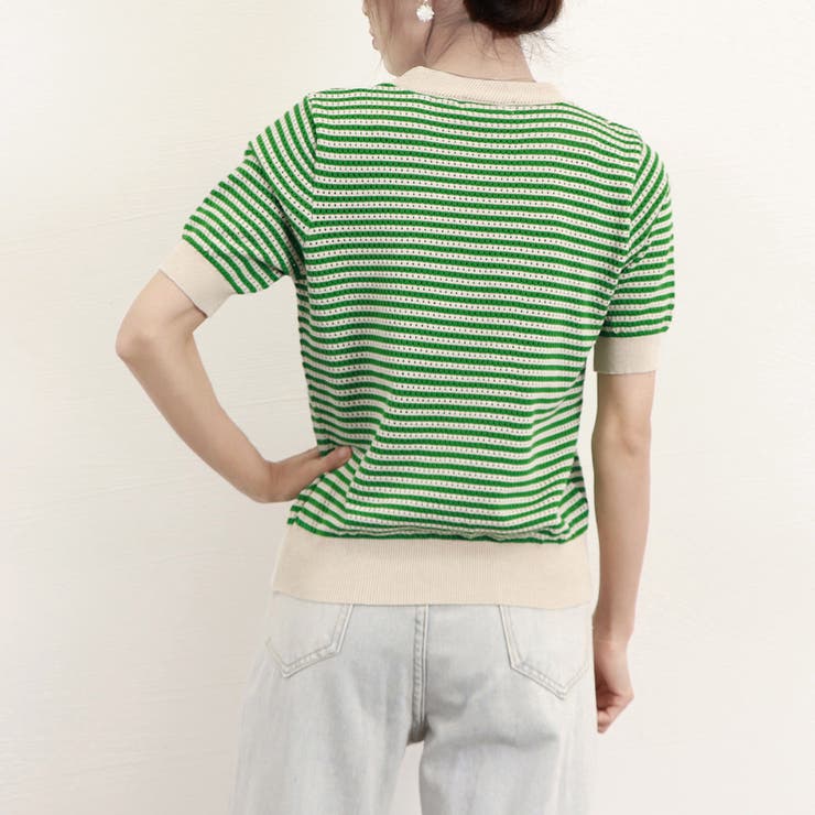 ボーダー柄サマーニットトップス 半袖春夏[品番：AGCW0004144