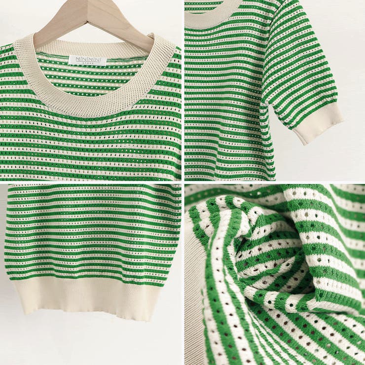 ボーダー柄サマーニットトップス 半袖春夏[品番：AGCW0004144