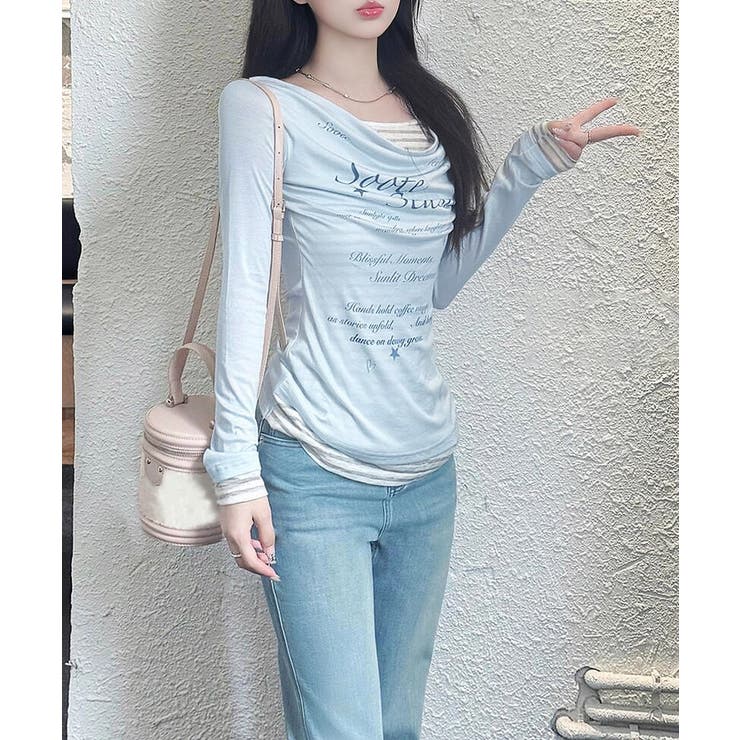 レディースカウルネックロンT重ね着風 細身Tシャツ長袖 シアーロングtシャツ薄手… | SUNSHINE CLOSET | 詳細画像13 