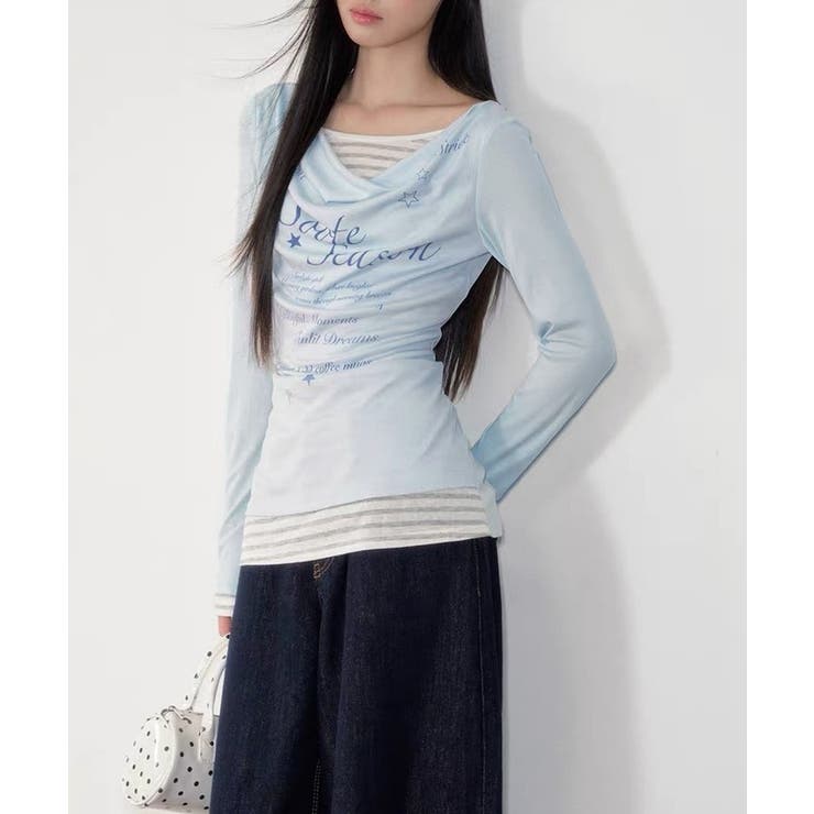 レディースカウルネックロンT重ね着風 細身Tシャツ長袖 シアーロングtシャツ薄手… | SUNSHINE CLOSET | 詳細画像2 