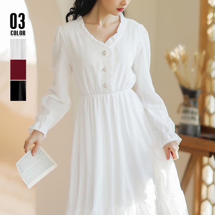 ワンピース フレアワンピース ロング丈 長袖 Vネック フード フレア