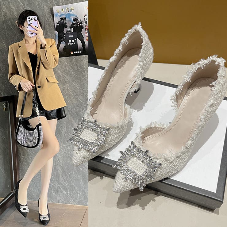 ツイードパンプス ポインテッドトゥ 華奢[品番：AGCW0003577