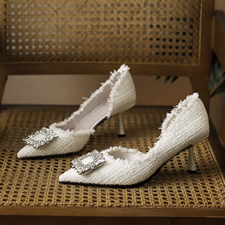 ツイードパンプス ポインテッドトゥ 華奢[品番：AGCW0003577