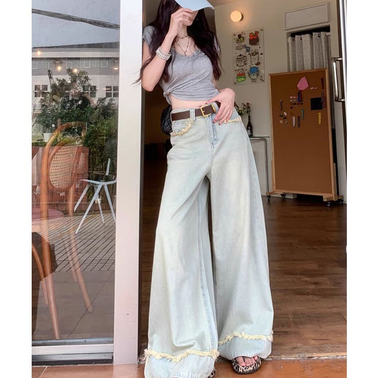 シルバー ワイド デニム ストリート ハイウエスト 韓国 cr5295 ハイウエストデニムワイドパンツ ワイドパンツ ウエストホック